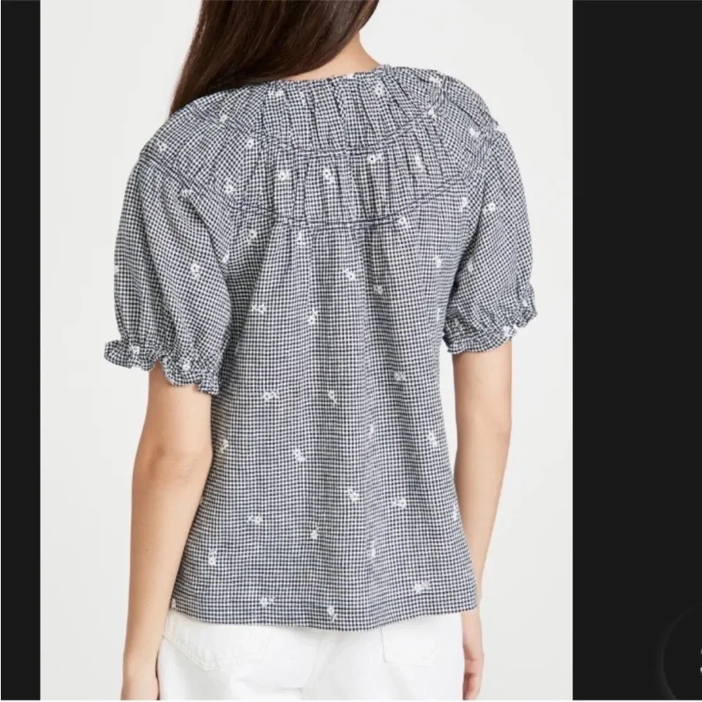 Madewell Embroidered Floral Gingham Ruffle Sleeve Peasant Top Black White M $88